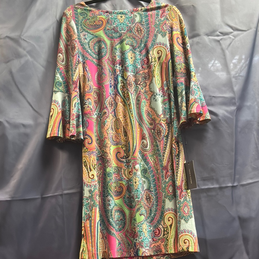 Tommy Hilfiger NWT Paisley Bell Sleeve Shift Dress Pink Green Boho 60s